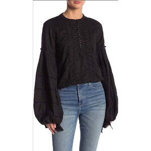 Free People Black Linen top blouse boho boxy size Small Goth Peasant